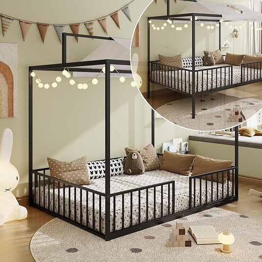 Harper & Bright Designs Full Size Montessori Floor Bed Frame for Kids, Metal Floor Bed with Canopy and Guardrails, High Fenced Canopy Bed with Sturdy Metal Slats Support, Easy Assembly, Black
