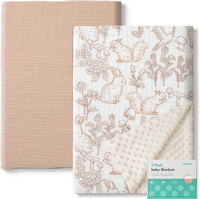2-Pack Muslin Minky Baby Blanket for Boys and Girls - Soft Baby Blankets, Nursery Minky Blankets with Muslin Cotton Front and Dotted Fleece Backing, Cozy and Lightweight Newborn Blanket