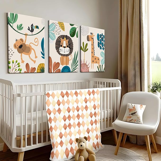 AKWISH Safari Jungle Nursery Wall Decor Set of 3 - Framed Animal Canvas Wall Art for Baby Room, Toddler Boy or Girl Bedroom, Cute Safari Themed Baby Nursery Decor 16x24in