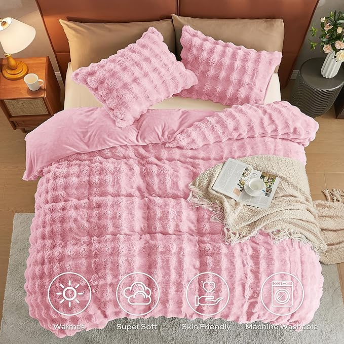 JELLYMONI Plush Duvet Cover Set - Twin Size Pink Faux Fur Comforter Cover 2pcs Bedding Set Luxury Ultra Soft Striped Fluffy Duvet Cover with Zipper and 1 Pillowcase (NO Comforter)