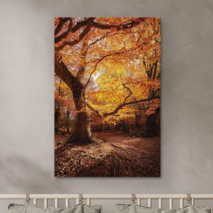 SIGNWIN Canvas Print Wall Art Autumn Red Leaf Oak Tree Forest Nature Wilderness Photography Modern Art Farmhouse/Country Landscape Colorful Multicolor Ultra for Living Room, Bedroom, Office - 32x48