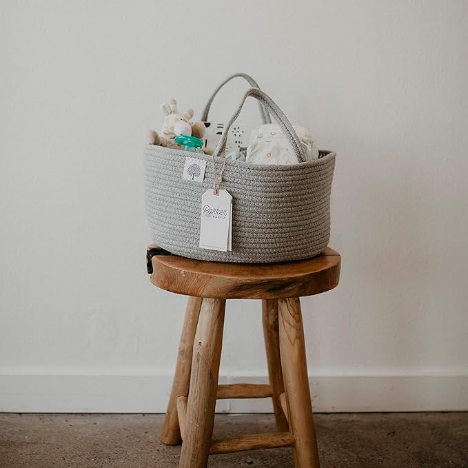 Parker Baby Rope Diaper Caddy Organizer - Nursery Storage Bin and Car Organizer for Diapers and Baby Wipes - Diaper Organizer for Baby Essentials, Baby Shower Gifts - Gray