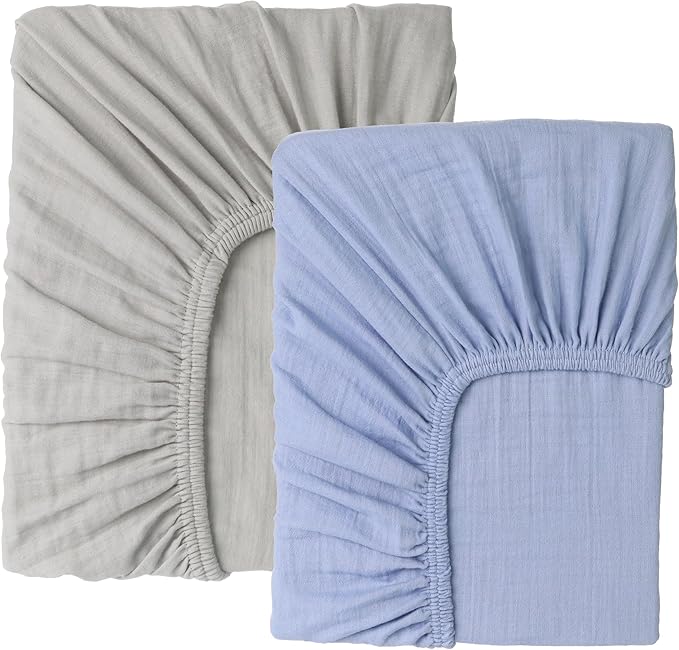 Muslin Baby Crib Sheets Fitted -Crib Sheets Neutral Turkish Cotton, Ultra Soft & Breathable -Organic Cotton Crib Sheets for Boys & Girls, GOTS & Oeko-TEX® Certified (52x28, Dreamy Blue &Cloudy Gray)