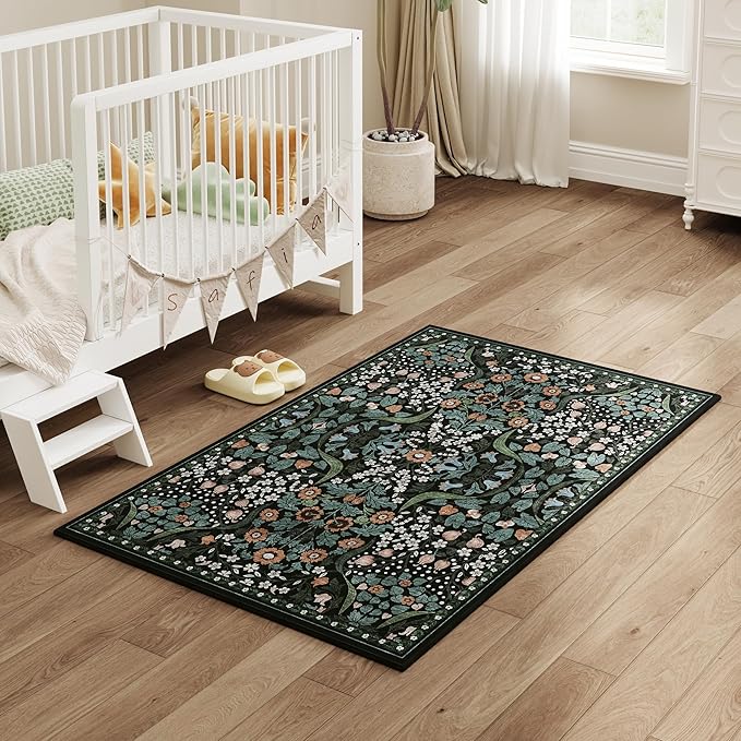 3x5 Floral Washable Area Rug for Kitchen, Non-Slip Soft Vintage Boho Carpet, Botanical Forest Green Small Low Pile Rugs for Bedroom, Entryway, Home Office, Dorm, Black and Green