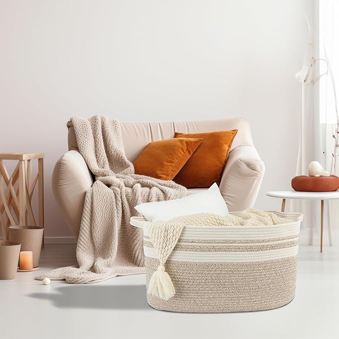 Large Rectangle Blankets Basket Living Room 22"x17"x12" Woven Cotton Rope Storage Baskets for Nursery Toy Baskets for Kids Wicker Laundry Basket Bin for Clothes Towels white brown