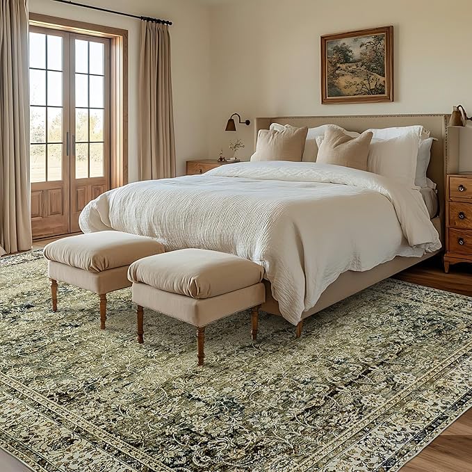 Large Boho Area Rugs 8x10 for Living Room,Low Pile Stain Resistant Neutral Vintage Faux Wool Machine Washable Rugs Carpet for Bedroom Dining Room,Olive Green and Cream