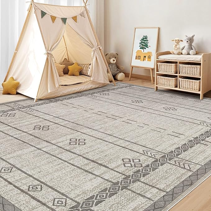 Area Rugs for Living Room Washable Living Room Rug Soft Neutral Indoor Floor Carpet Non-Slip Stain Resistant Modern Boho Rugs for Bedroom Dining Room Kids Room Nursery Office Home Grey Brown