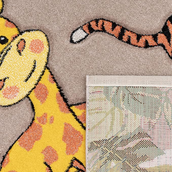 Paco Home Kids Rug Colorful Animals Giraffe Lion Monkey in Beige, Size: 3'11" Round