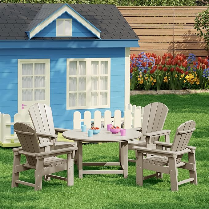 Costaelm Paradise Kids 5-Piece HDPE Outdoor Patio Round Dining Table and Chairs Set, Sand