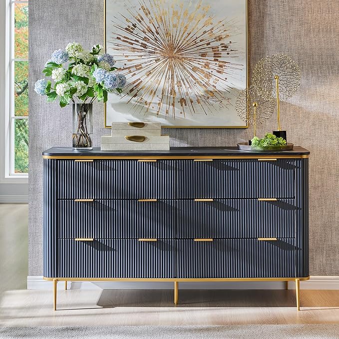 T4TREAM Fluted 6 Drawers Dresser for Bedroom, 54" Wide Modern Dresser TV Stand, Gold Accents, Fluted Fronts, Wood Storage Dressers Organizer for Bedroom, Living Room, (Dark Grey)