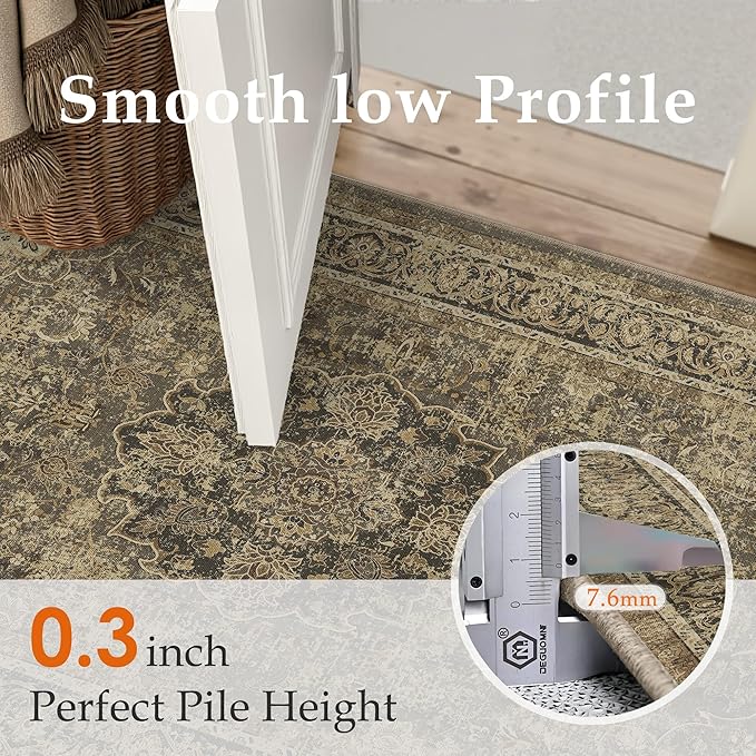8x10 Brown Washable Vintage Area Rug for Living Room Bedroom Soft Tranditional Non Slip Large Throw Rug Lightweight Floral Low Pile Distressed Carpet Office Playroom Dining Room