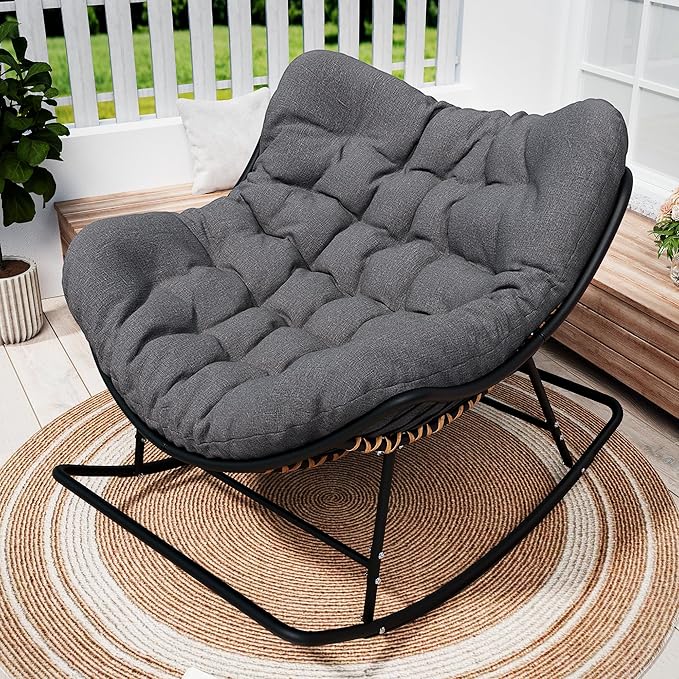 SWITTE Outdoor Papasan Rocking Chair, Oversized Egg Lounge Chair with Thick Cushion, Supports 450 lbs, Comfy Rocker for Patio, Balcony, Porch, or Indoor Living Room-Dark Grey