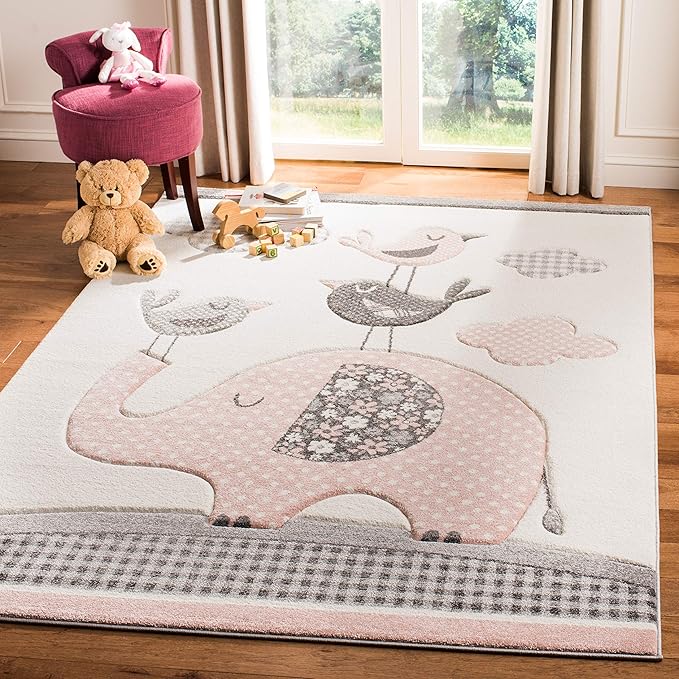 SAFAVIEH Carousel Kids Collection Area Rug - 8' Square, Pink & Ivory, Animal Design, Non-Shedding & Easy Care, Ideal for High Traffic Areas for Boys & Girls in Playroom, Nursery, Bedroom (CRK127P)