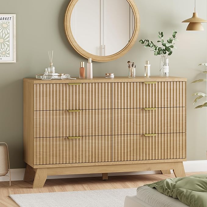 Fluted Dresser for Bedroom with 6 Drawers, 48" Wide Modern Chest of Drawers with Metal Handle, Wooden Dresser TV Stand, Wood Closet Clothes Storage Organizer for Living Room, Hallway, Natural Oak