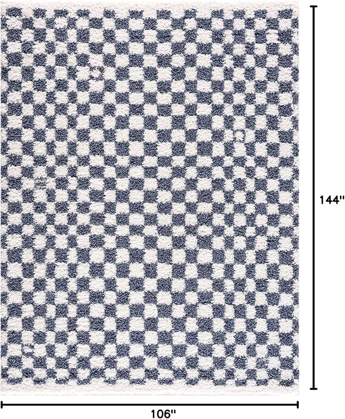 Hauteloom Kieu Contemporary Checkered Fluffy Shag Area Rug - Modern Geometric Soft Carpet Tiles for Living Room, Kids Room, Nursery - White, Blue - 8'10" x 12'