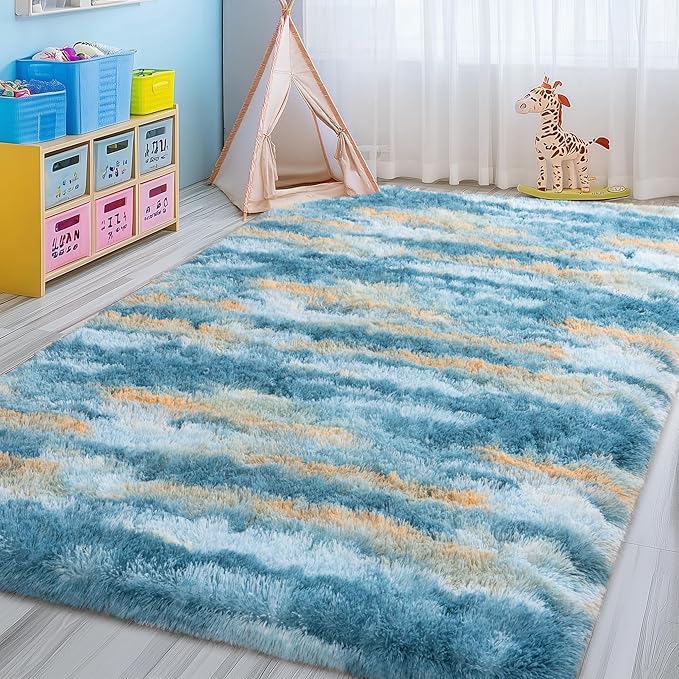 8x10 Rugs for Living Room, Soft Fluffy Blue Fuzzy Shag Large Area Rugs for Bedroom Boys Girls Kids Room Nursery Dorm Home Decor, Non-Slip Plush Shaggy Indoor Carpet