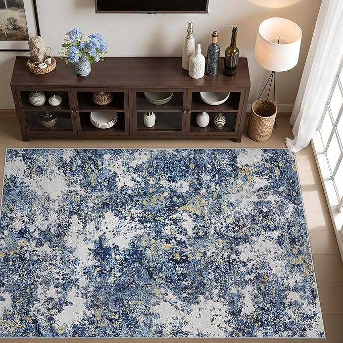 Area Rug Living Room Rugs: 5x7 Washable Rug with Anti-Slip Backing Non-Shedding Stain-Resistant Foldable Modern Abstract Carpet for Bedroom Dining Room Nursery Home Office (Blue/Multi)