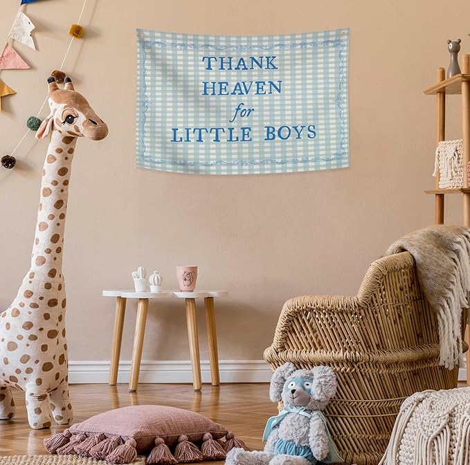 Christian Bible Verse Scripture Rectangular Banner Flag Wall Sign Decor Gift for Baby Boy-Nursery Baby Room Bedroom Decor-Baby,Shower Birthday Christmas Gift-Thank Heaven for Little Boys