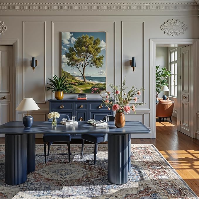 Deerly Rug 8x10 Area Rug Boho Washable Rug Large Rugs for Bedroom Living Room Vintage Non-Slip Oriental Distressed Carpet Indoor Stain Resistant(Border Brown/Navy Blue)