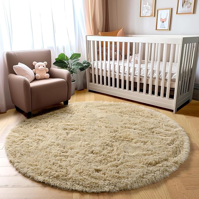 Amdrebio Beige Round Area Rug 4Ft for Bedroom, Machine Washable, Fluffy Plush Shag Furry Circle Rugs for Kids Room, Living Room Decor Aesthetic, Cute Fuzzy Carpet for Nursery Playroom Dorm Baby Teens