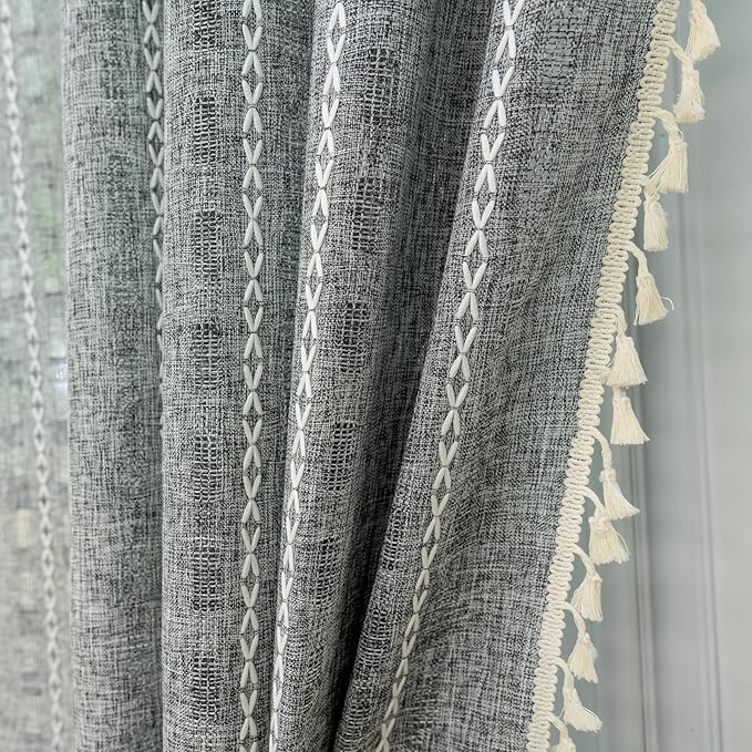 Deeprove Charcoal Grey Boho Curtain 72 inches Length for Living Room Bedroom Nursery, Bohemian 72 inches Long, Geometric Stripe Embroidery Privacy Window Tassel Decorative W52 x L72, 1 Panel