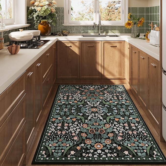3x5 Floral Washable Area Rug for Kitchen, Non-Slip Soft Vintage Boho Carpet, Botanical Forest Green Small Low Pile Rugs for Bedroom, Entryway, Home Office, Dorm, Black and Green