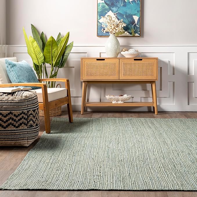 nuLOOM 6x9 Rigo Jute Hand Woven Area Rug, Green, Solid Farmhouse Design, Natural Fiber, For Bedroom, Living Room, Dining Room, Hallway, Office, Kitchen, Entryway