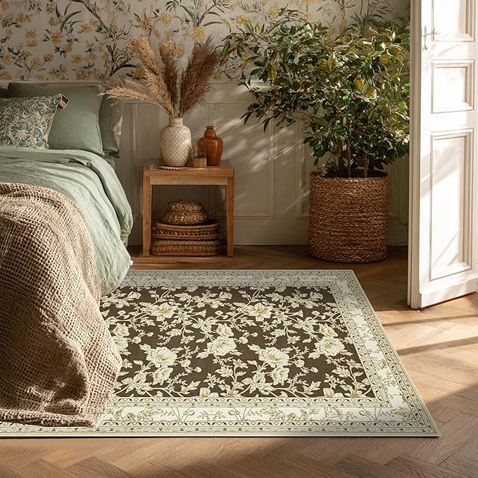 Brown Floral Print Area Rugs for Bedroom Living Room Boho Farmhouse Country Rustic Dining Room Carpet Soft Washable Rugs Non Slip Floor Covering for Nursery Playroom 4x6