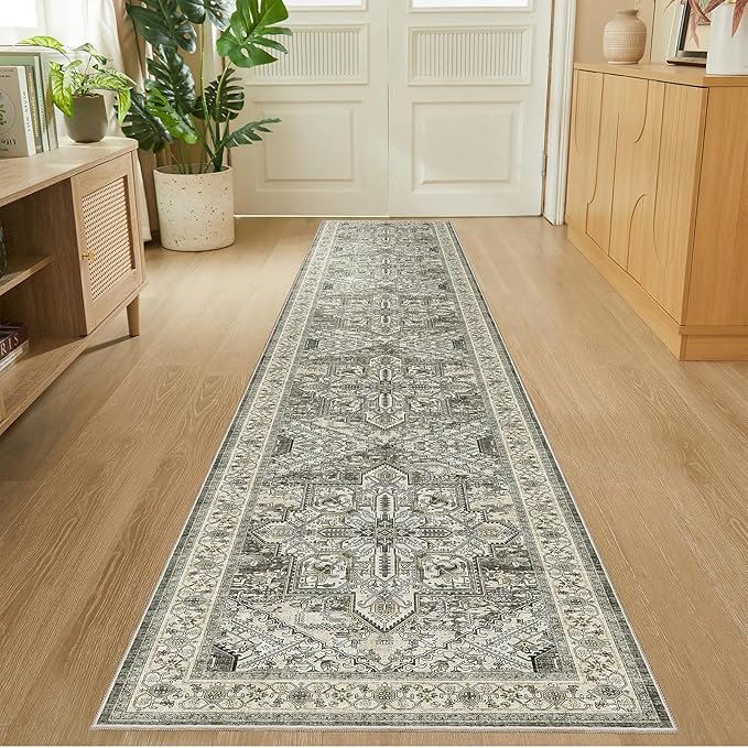 WITSHOCK Extra Long Runner Rug for Hallway 2x12: Washable Vintage Boho Low Pile Stain Resistant Foldable Carpet for Bedroom Kitchen Entryway Indoor Entrance Distressed Farmhouse Decor, Brown/Lvory