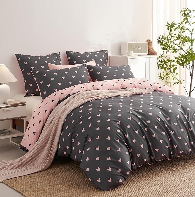Heart Duvet Cover King Size Pink Grey Heart-Shaped Pattern Bedding Set 3 Pieces Cute Love Printed Ultra Soft Microfiber Reversible Comforter Cover