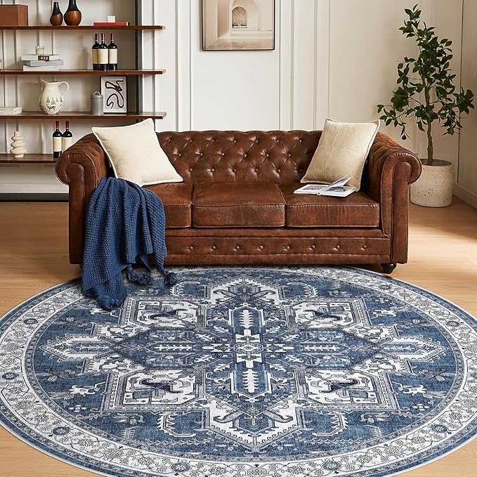 WITSHOCK Living Room Area Rugs 8Ft: Washable Rug Boho Soft Non-Slip Low Pile Stain Resistant Foldable Carpet for Bedroom Playroom Dining Room Office Kitchen Farmhouse Home Decor Rug-Blue