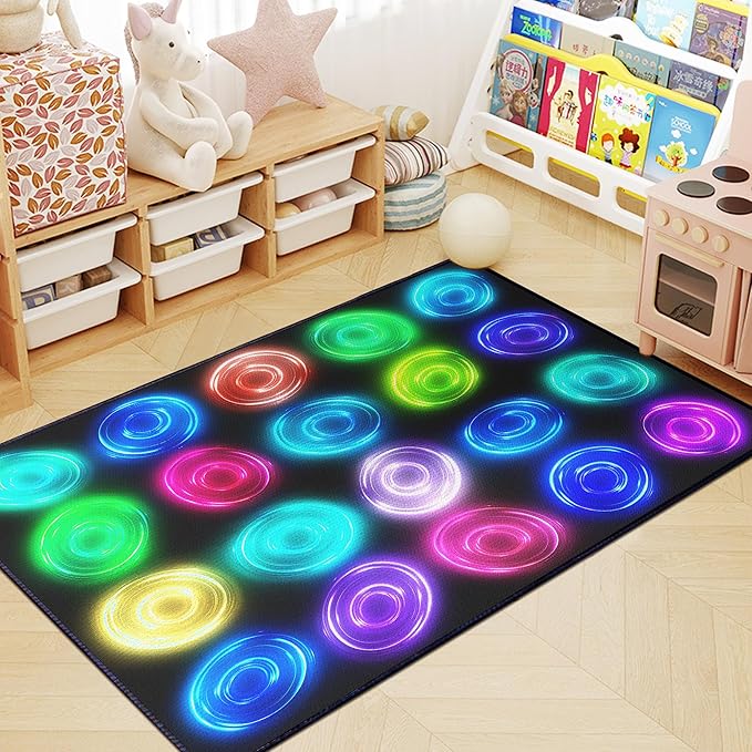 59"x39" Circle Sampler Abstract Educational Area Rug for Kids Bedroom, Preschool, Classroom, Playroom, Home Learning Circular Pattern Washable Carpet,Black