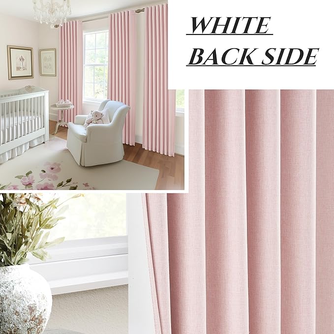 Pink Thick Linen Thermal Blackout Curtains 96 Inch Long for Winter Insulated, Pleated Elegant Living Room Curtain 2 Panels Set Privacy Decor Window Drapes 8 FT Length 2 Burg (Hooks Rings & Rod Pocket)