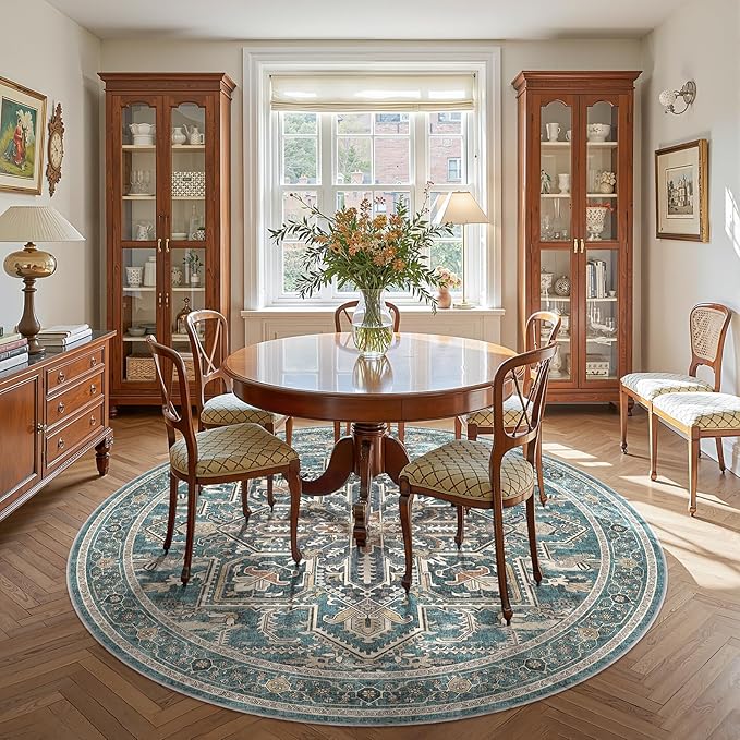 WITSHOCK Round Living Room Rugs 8Ft: Washable Vintage Boho Soft Low Pile Non-Slip Stain Resistant Foldable Carpet for Bedroom Playroom Dining Room Office, Distressed Farmhouse Home Decor Rug-Dull Teal