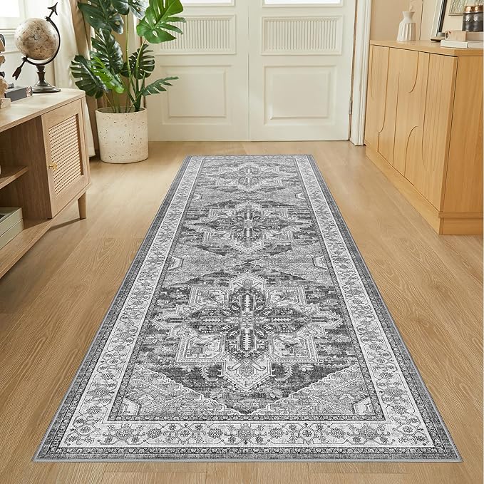WITSHOCK Kitchen Runner 3x10: Washable Long Runner Vintage Boho Low Pile Stain Resistant Foldable Carpet for Bedroom Hallway Entryway Indoor Entrance, Oriental Distressed Farmhouse Home Decor, Grey