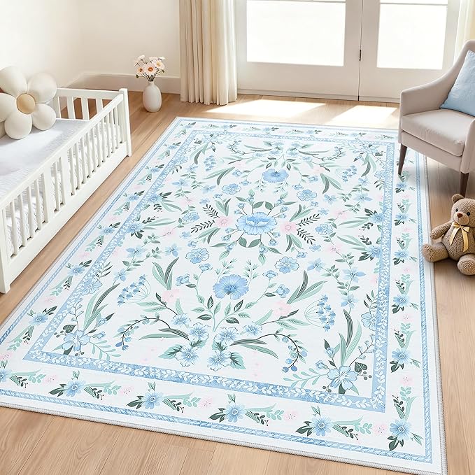 Blue Floral Rug 4x6 for Girls Bedroom, Washable Non-Slip Boho Area Rug, Soft Ultra-Thin Carpet for Nursery, Kids Room, Dorm, Living Room or Playroom