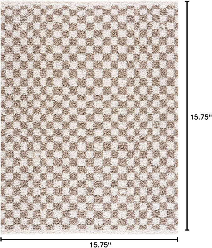 Hauteloom Kieu Contemporary Checkered Fluffy Shag Area Rug - Modern Geometric Soft Carpet Tiles for Living Room, Kids Room, Nursery - Gray, Taupe, White - 18" Sample