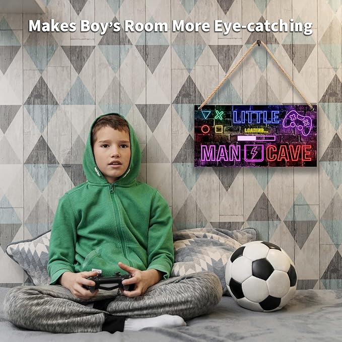 Little Man Cave, Neon Gaming Wooden Door Sign for Gamer Room Decor, Boys Decorations for Men Teenager Bedroom Nursery Playroom Wall Art - 6"x12" -A05