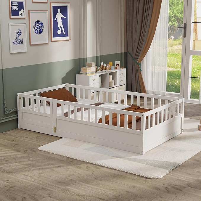 KEIKI Twin Montessori Floor Bed, Kids Floor Bedframe with Fence & Door, Children's Wood Bed for Living Room, White