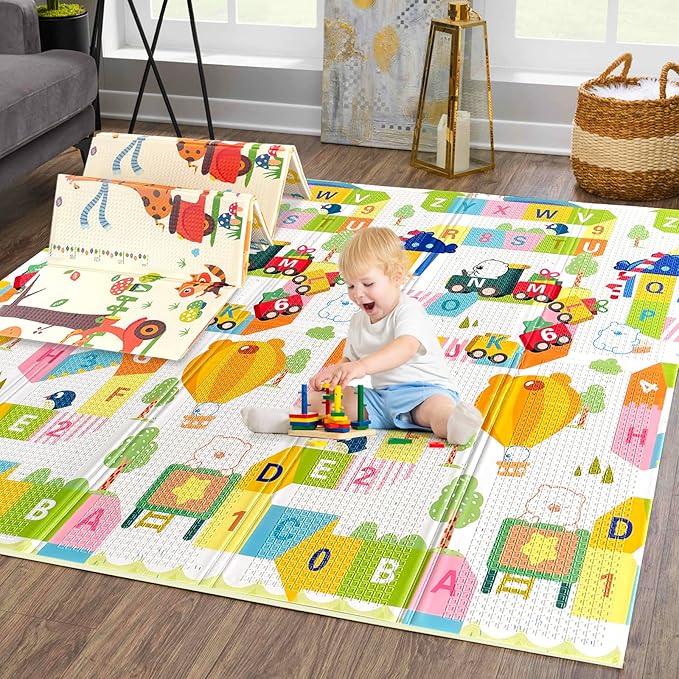 Mergren Extra Large Portable Baby Play Mat (79"×71" x0.6" Thickened Version), Foam Foldable Floor Crawling Mat with Reversible Double-Sided Patterns, Waterproof Anti-Slip, Indoor, Outdoor