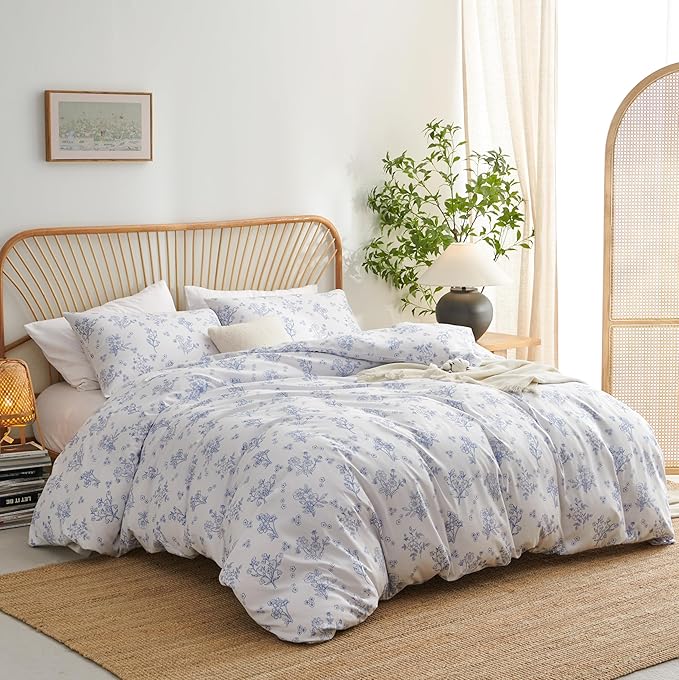 Blue Floral Duvet Cover King Size White Floral Bedding Set 3 Pieces Soft Breathable Spring Botanical Garden Aesthetic Cottagecore Reversible Comforter Cover with Zipper Closure and 2 Pillowcases