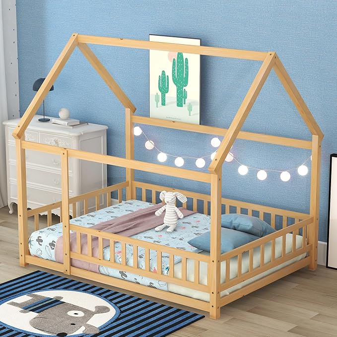 Bellemave Full Size House Bed for Kids,Solid Wood Floor Bed, Montessori Floor Bed with Fence and Roof,Playhouse Full Bed Frame for Girls,Boys(Full,Natural)