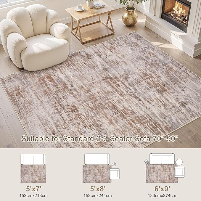 Area Rug for Living Room: 6x9 Washable Neutral Abstract Modern Soft Rugs Non Slip Indoor Floor Stain Resistant Large Carpet for Bedroom Dining Room Office Nursery - Red Brown