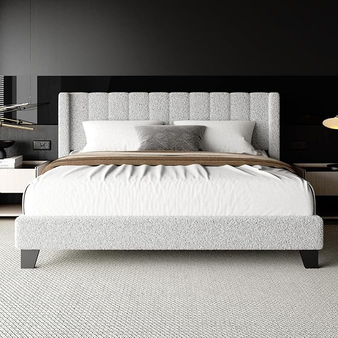 Queen Bed Frame with Headboard Upholstered Platform Bed Frame with Teddy Velvet Headboard, Wooden Slats Support/Wing Edge Design/No Box Spring Needed/Easy Assembly, Grey Queen