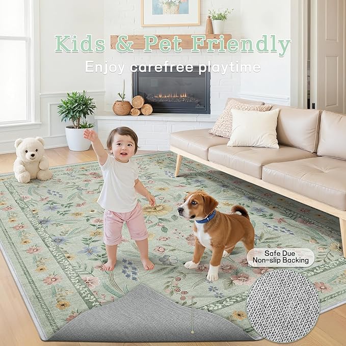 Green Washable Floral Rugs 7x9 Large Vintage Boho Non-Slip Living Room Carpet Soft Low Pile Thin Bedroom Floor Mat Indoor Home Decor for Dining Room Playroom Nursery Farmh