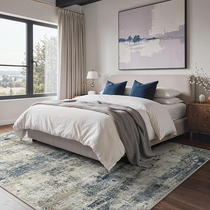 8x10 Area Rugs Washable Blue Rug for Living Room Bedroom, Abstract Modern Large Rug Non Slip, Water Repellent Low Pile Soft Carpet for Dining Room, Navy Blue