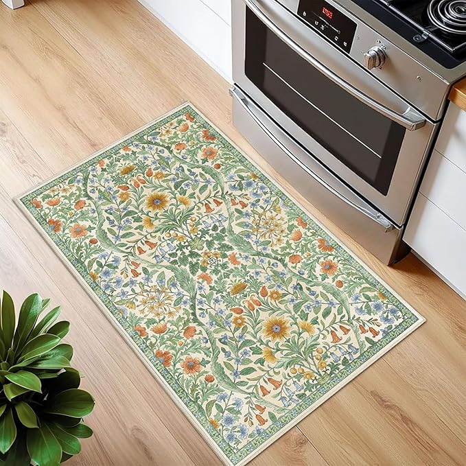 Floral 2x3 Entryway Rug,Washable Front Door Mat Indoor Non Slip Low Pile Small Carpet, Soft Grass Green Boho Botanical Throw Rug for Bathroom Bedroom Kitchen Laundry Indoor Entrance