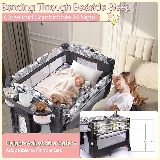 Xilingol 5-in-1 Baby Bassinet Bedside Sleeper, Portable Baby Crib with Diaper Changing Station, Carry Bag, Cosleeper Bassinet Attach to Bed for Newborn to Toddlers