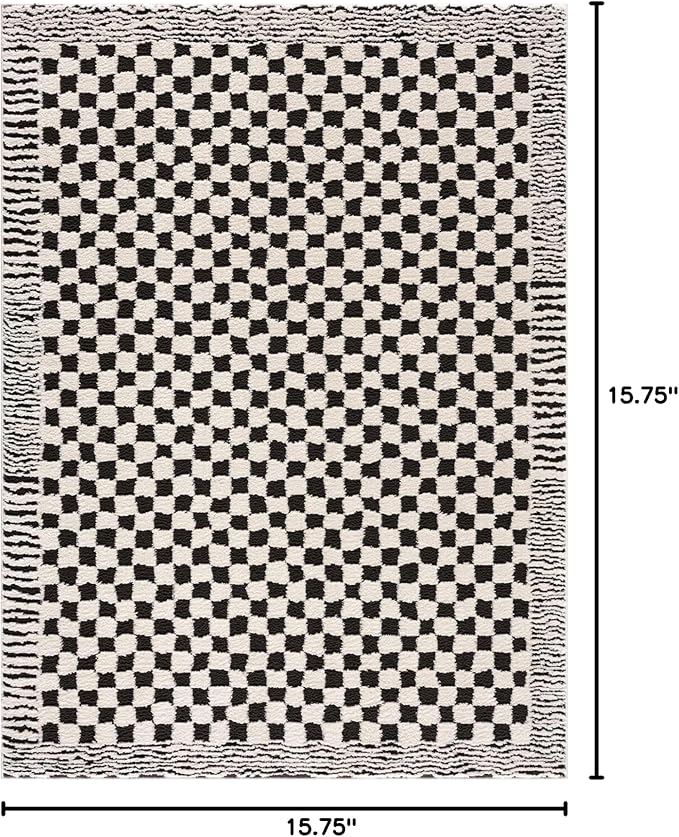 Hauteloom Leryn Contemporary Checkered Area Rug - Modern Geometric Bordered Carpet for Living Room, Bedroom - Checkboard Design - Square Tiles - High Pile - Black and White - Off White - 18" Sample