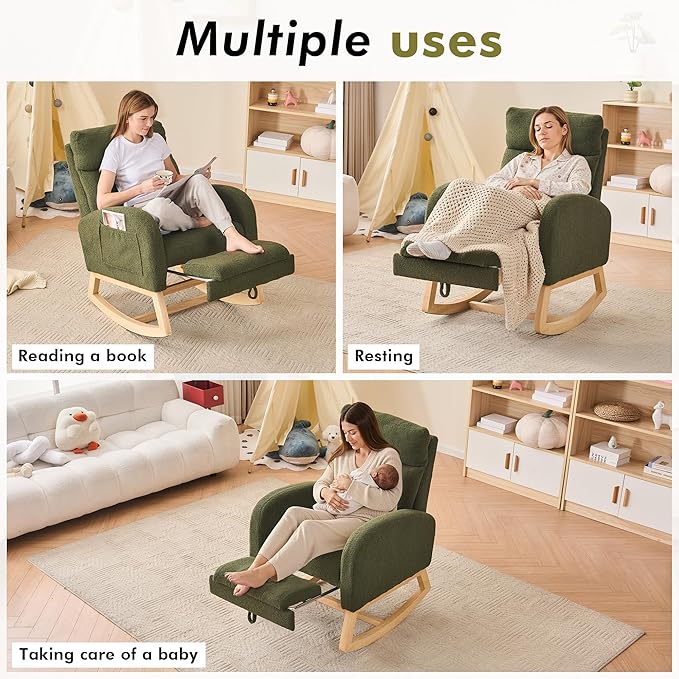 FOXHUNTER Rocking Chair for Nursery with High Backrest & Foot Rest-Nursery Rocking Chairs with Side Storage Pocket for Breastfeeding,Modern Glider Chair for Baby Bedroom,Living Room,Teddy Green